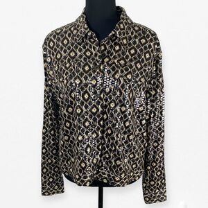 Notations Black and Brown Geometric snakeskin pattern sequin Button Down Shirt L